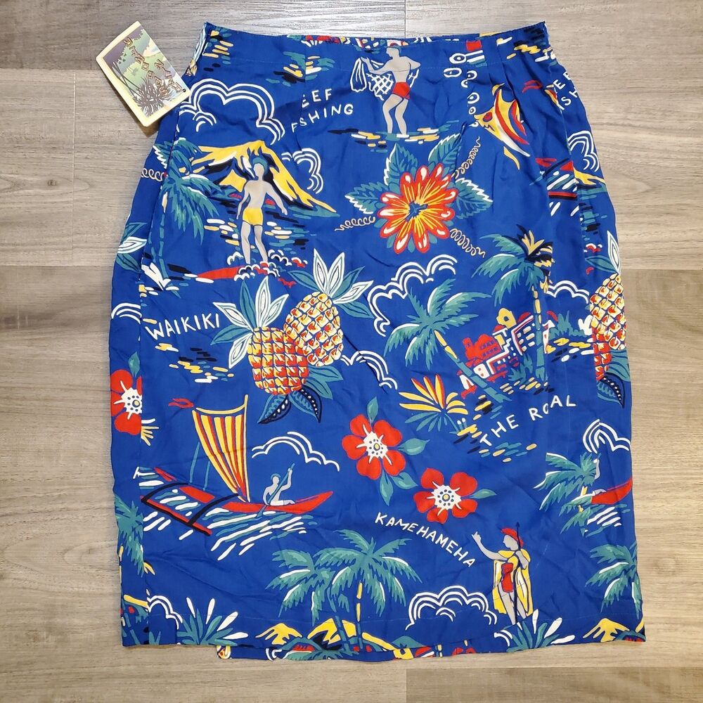 Vtg Deadstock New Reyn Spooner Blue Wrap Knee Skirt Sz Small Hawaii Floral Ocean